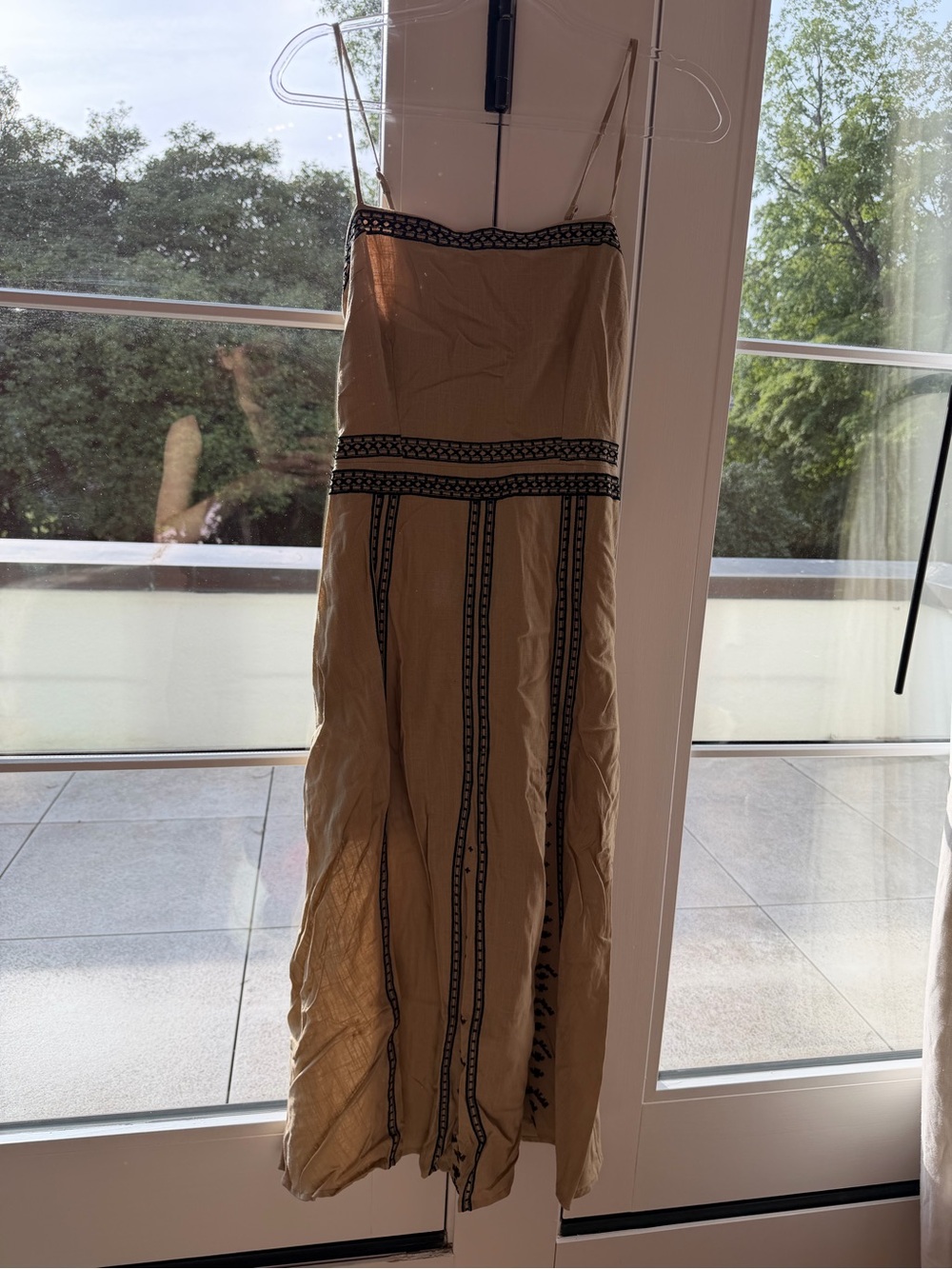 Beige Spaghetti-Strap Maxi Dress with Contrast Trim